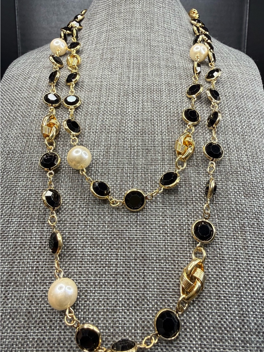 Gold-Tone Black Stone and Pearl Station Necklace